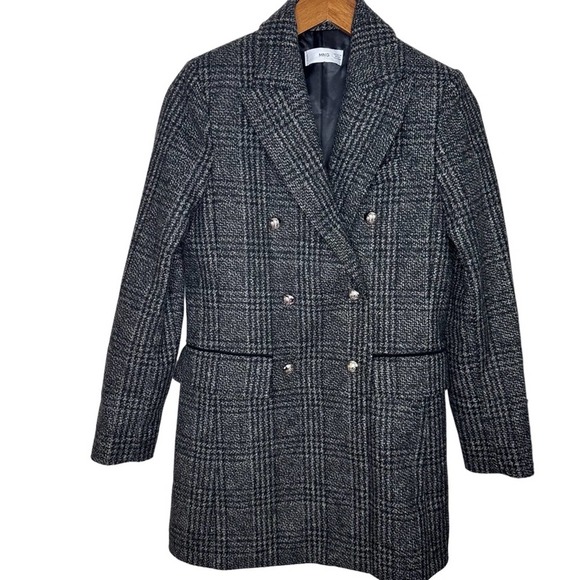 MNG Mango Plaid Wool Blend Coat Size XS Black Gray Double Breasted Lined - Picture 4 of 7